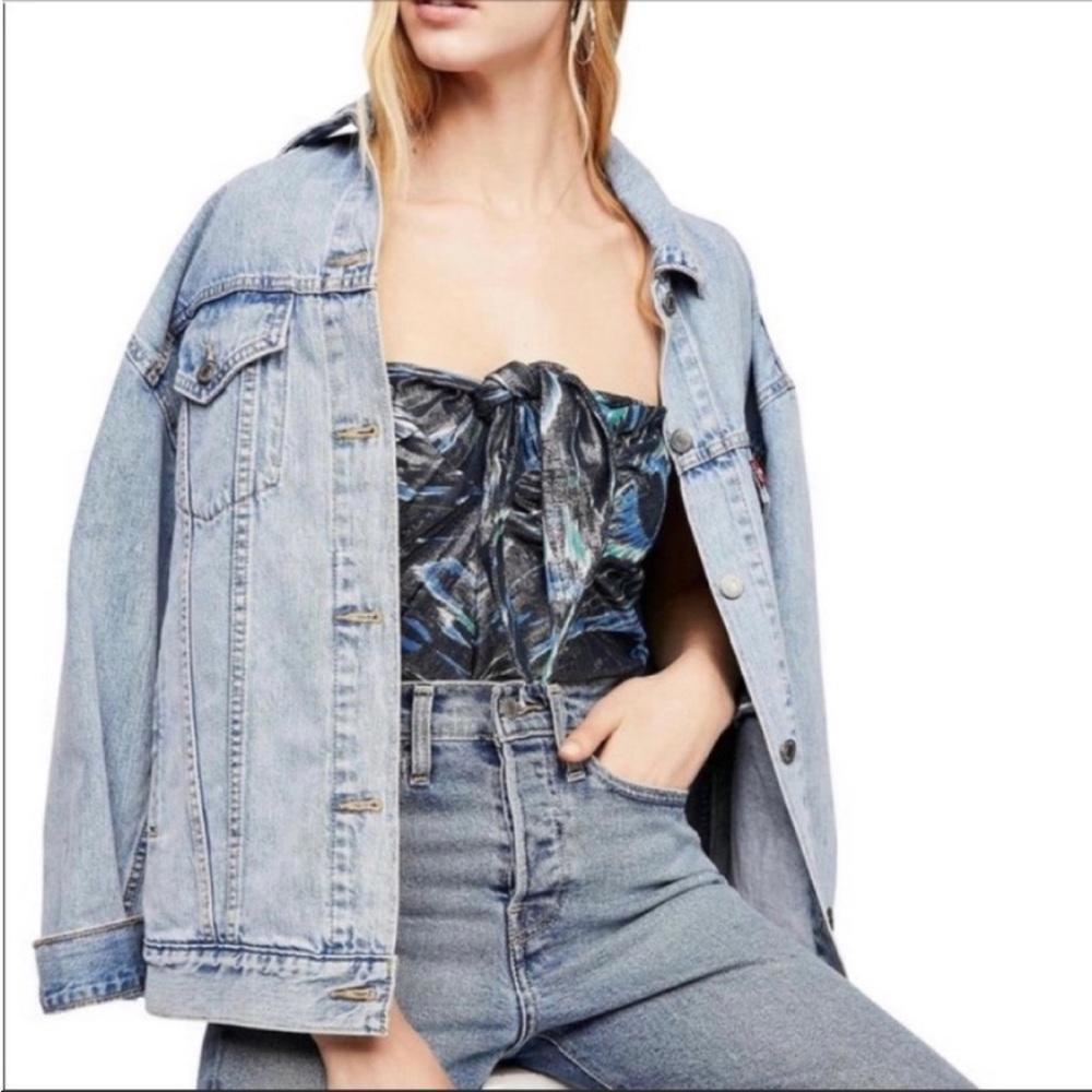 Free People Strapless Knot Crop Top Small Metallic Blue Black Women’s New